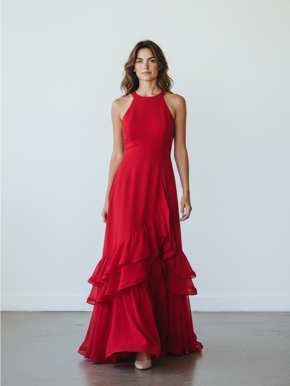 NWT Betsy & Adam Red Halter Ruffle Mermaid Gown Size 6P